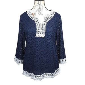 Alfred Dunner Crochet Lace Boho Navy Blue Fringe Tunic Top Womens Medium Petite